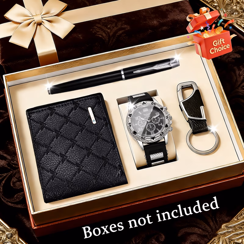 4pcs mens watch set stylish business and sporty mens watch wallet keychain pen suitable for holiday thanksgiving fathers day birthday parties and other commemorative gift occasions