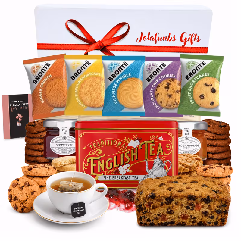 with 40 tea bags red tin fruit cake assorted jam biscuits british tea hamper food gift box