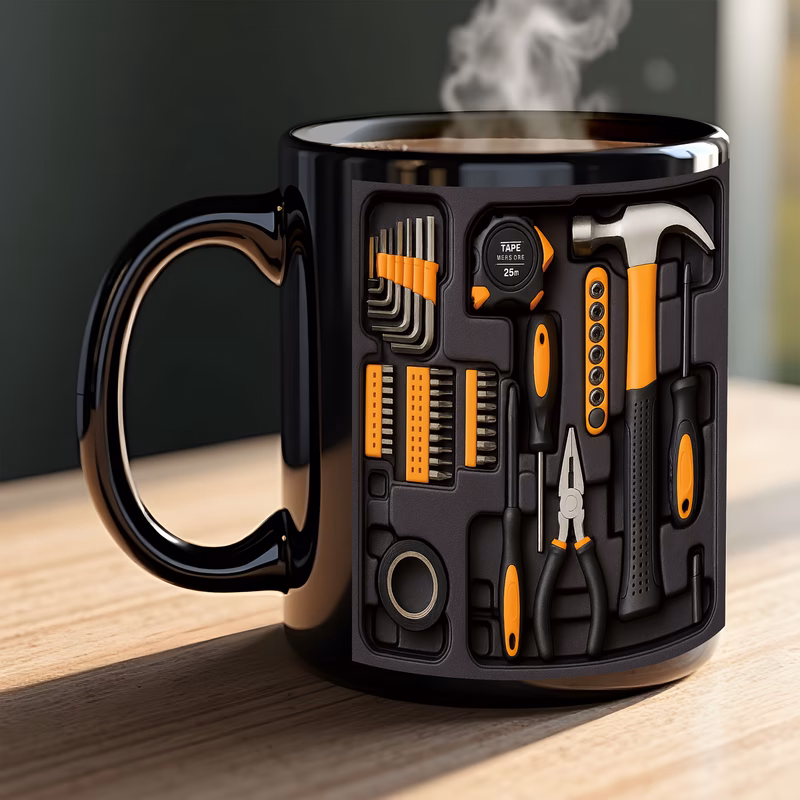 reusable coffee cup with black tool storage box 25 0m ruler hammer screwdriver wrench pliers hex key set screwdriver bit combination and tape durable and portable design for home office or gift use ce