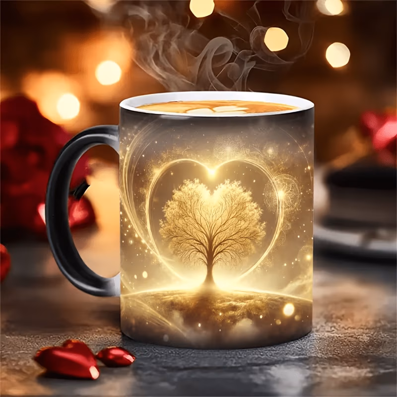 a single piece of a magical heat activated color changing cup featuring a shaped tree of life an 11 ounce ceramic coffee mug teapot hot magical drinks unique suitable for christmas and valentines day