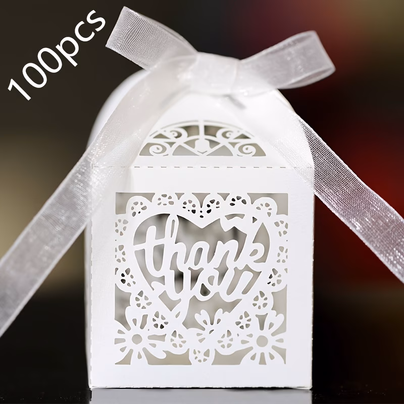 100pcs double flower letter candy box chocolate gift box laser cut wedding favor boxes suitable for bridal shower birthday party with ribbon 100pcs white