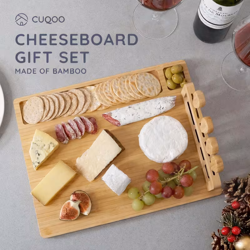 bamboo cheese board gift set charcuterie serving platter with stainless steel accessories and compartment home parties and special occasions ideal gift