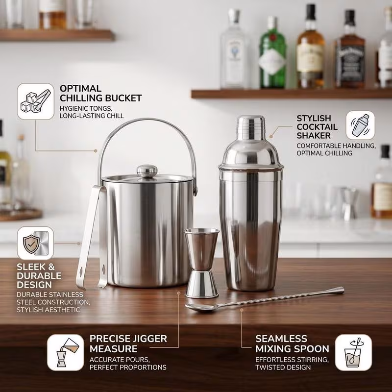 stylish stainless steel cocktail set with utensils shaker stirring tongs