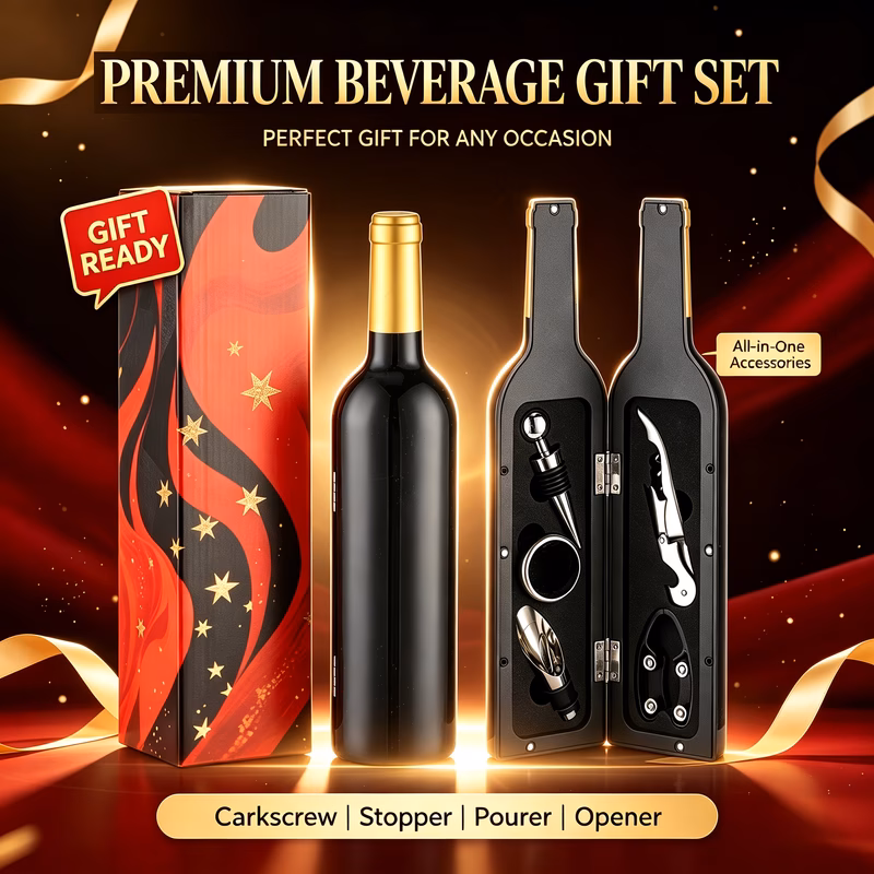 5pcs wine bottle shaped wine tool set stainless steel corkscrew vacuum stopper pourer anti drip ring and foil cutter portable kit perfect gift for wine lovers christmas thanksgiving fathers day presen