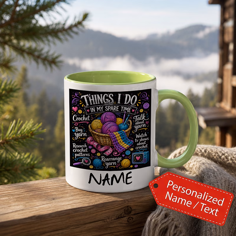 personalized crochet yarn themed 11oz ceramic coffee mug 7 color options things i my yarn basket and hooks chalkboard gift for crochet lovers birthday home office use dishwasher and microwave safe