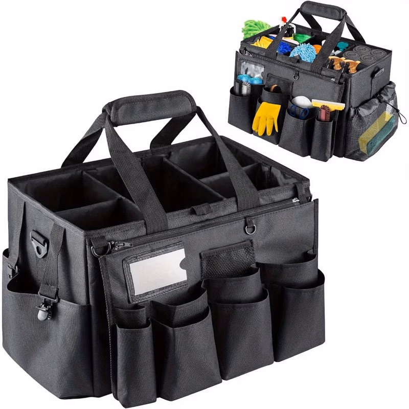 cleaning caddy organizer with handle large multi compartment cleaning tote bag with removable dividers adjustable shoulder strap waist belt for cleaning supplies