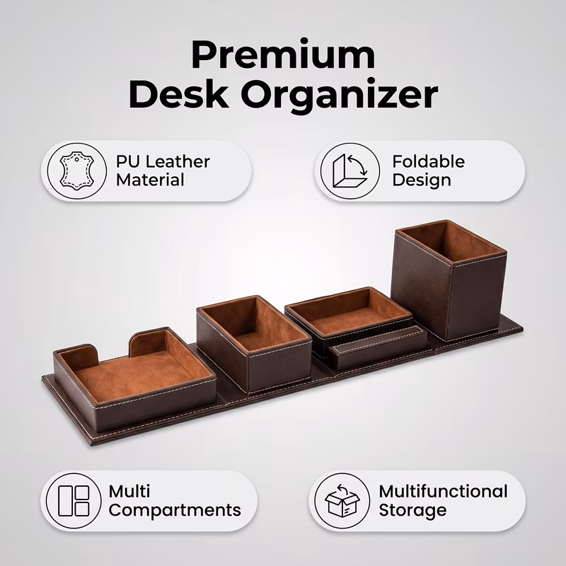 foldable pu leather desk with multi compartment storage portable suitable for home office compact caddy tray for pens notebooks stationery space saving for desk organization foldable for home office u