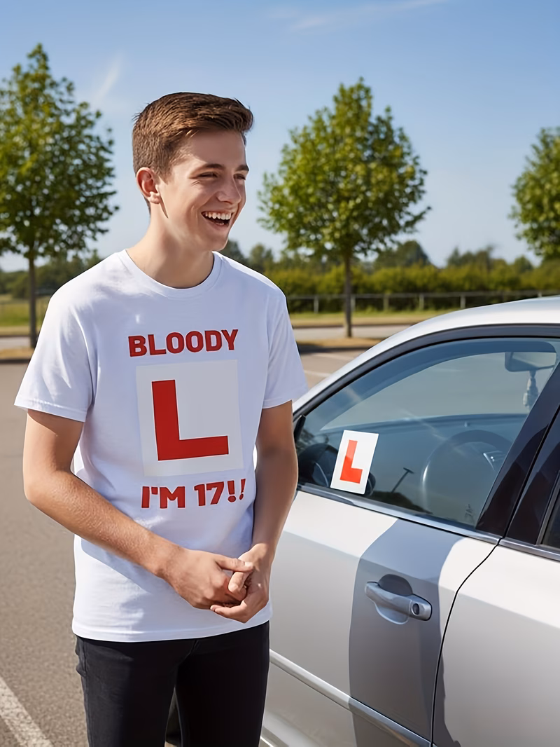 mens short sleeved summer t shirt with a humorous graphic uk learner drivers this casual crew neck t shirt features red lettering and 17