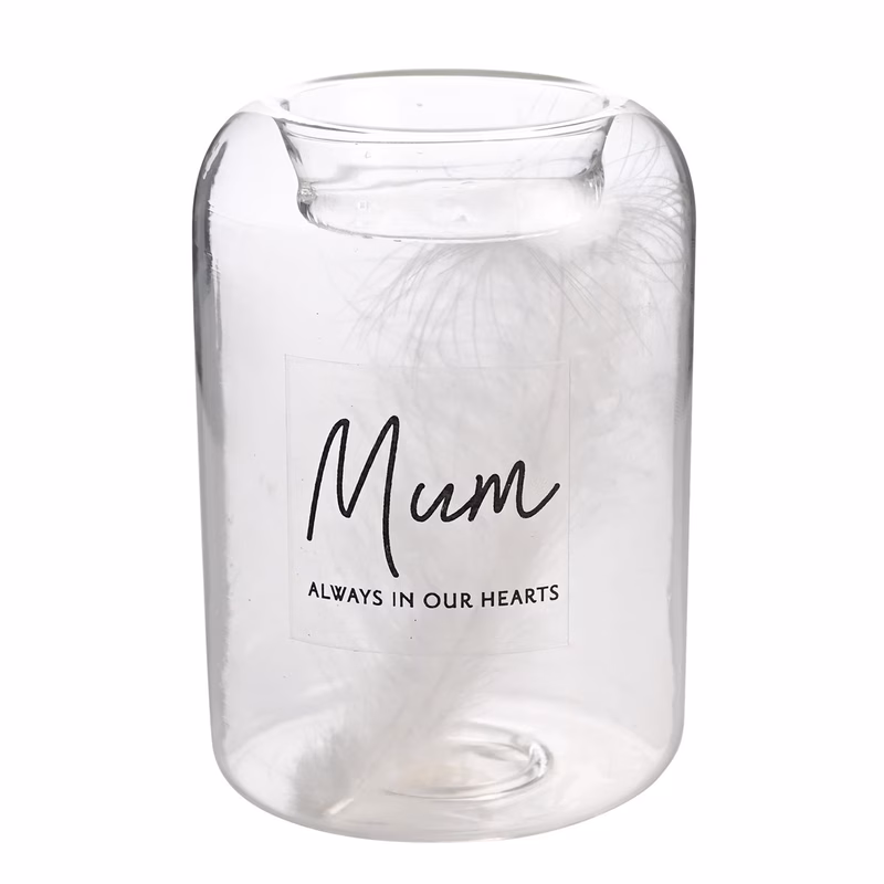 memorial tea light candle holder with feather inside glass mum in our hearts