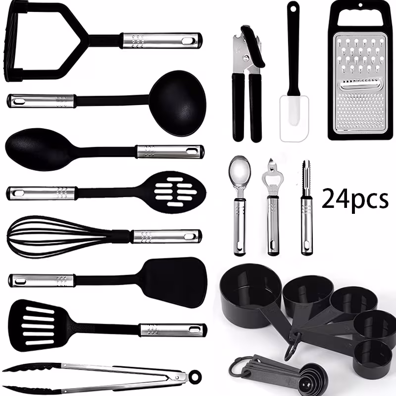 24pcs black stainless steel utensil set non stick utensil cooking utensils heat resistant cookware tools gift with stainless steel handle black 24pcs this christmas