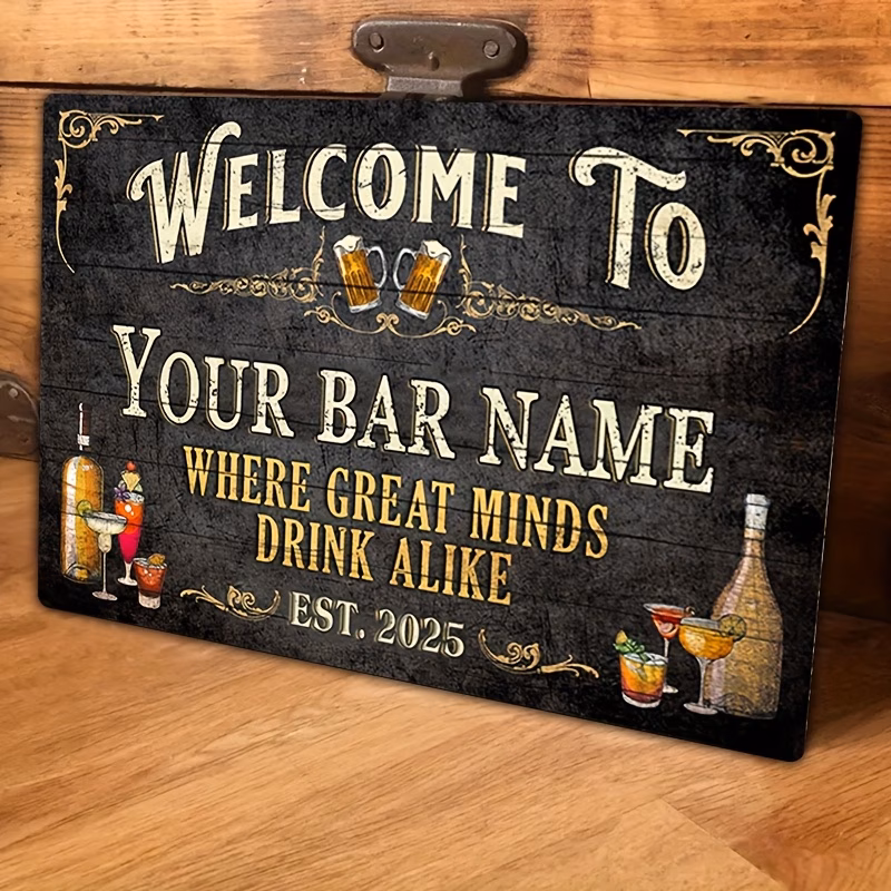 1pc personalized metal bar sign with custom text aluminum hanging wall decor for home pub customizable nameplate vintage wood design ideal for all holidays 8x12 inch