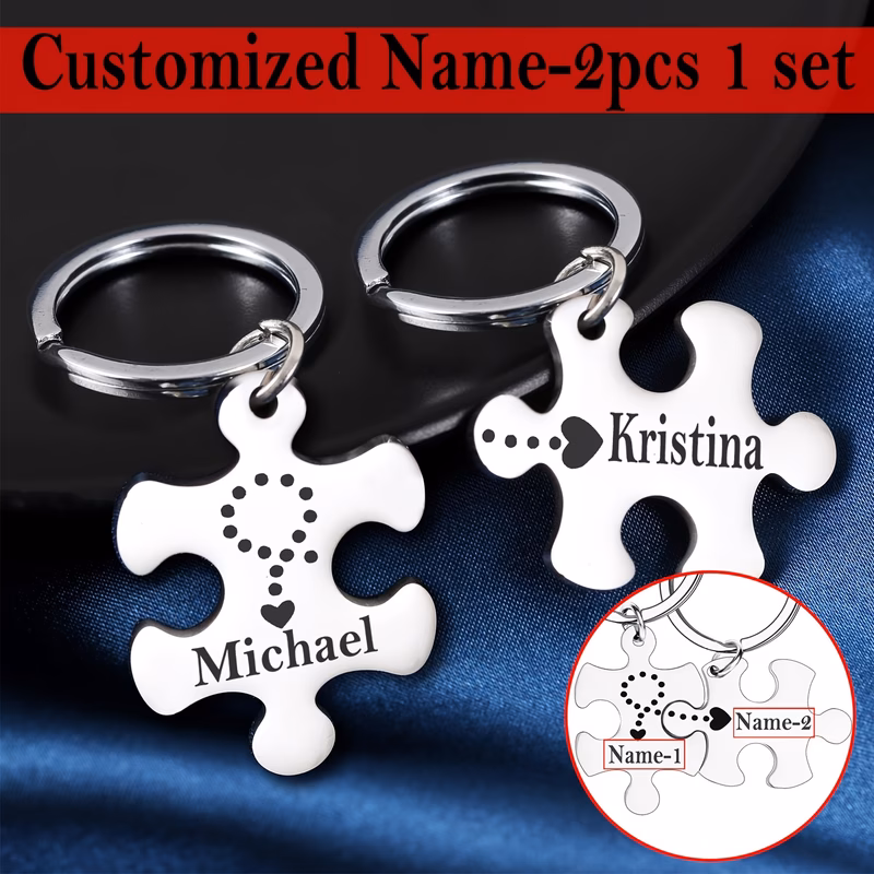 customization 2pcs 1 set of couple customized puzzle keychains carved names for husband wife boyfriend girlfriend