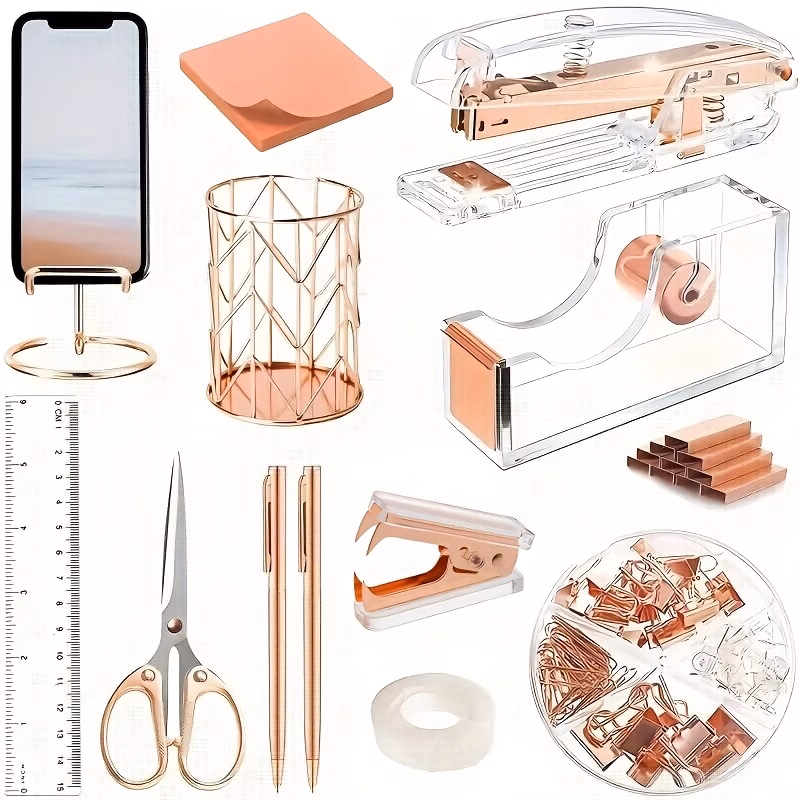 rose golden desk additions acrylic stapler staple remover tape holder pen holder ballpoint pen scissors binder phone holder ruler clear and notes