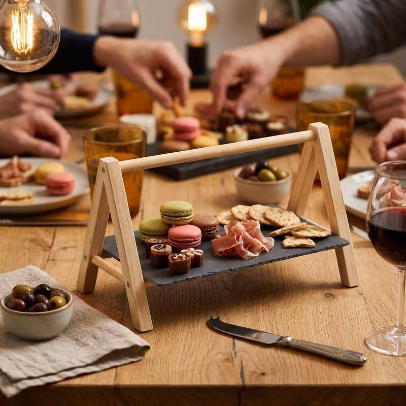 mixed material wood and slate serving tray 28x15 cm features wooden base frame and removable slate plate insert for presenting cheese crackers and appetizers
