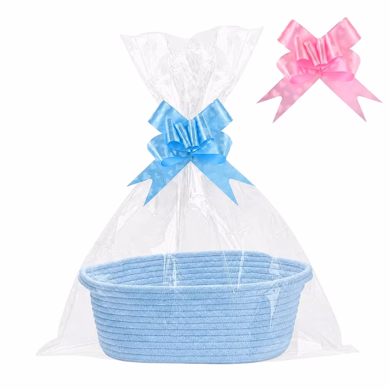 woven rope gift basket kit with cellophane wraps and pull bows empty cotton storage hamper basket for baby shower wedding birthday housewarming gifts