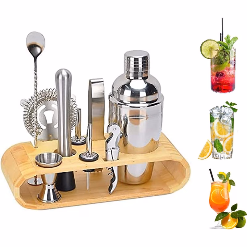 set of 16 cocktail shaker mixer 750ml stainless tool set bartender kit wooden stand cocktail straws brush shot glass gift set