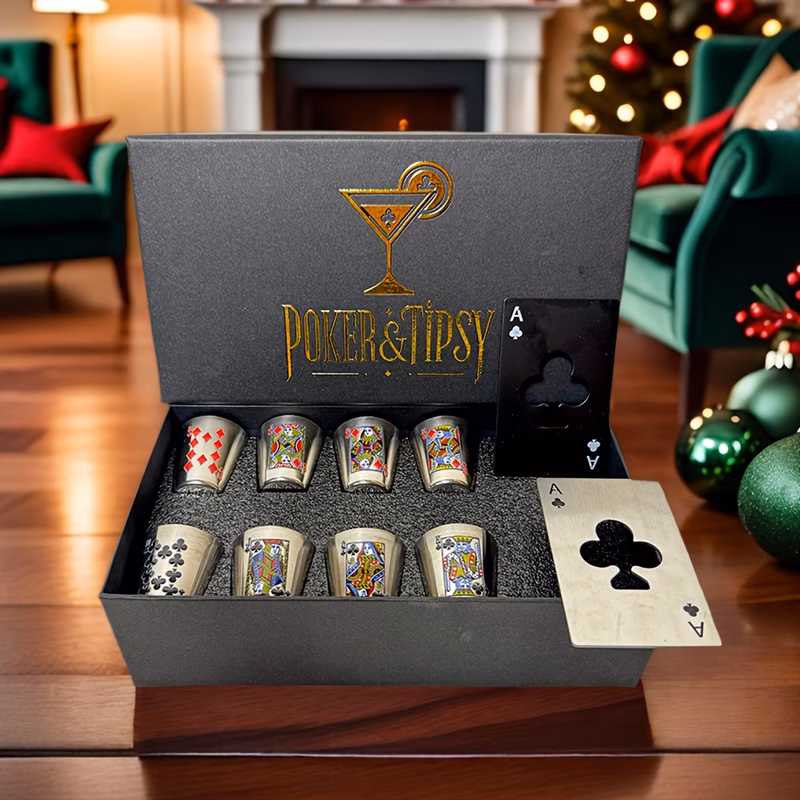 a set of 8 stainless steel whiskey glasses in a poker including 2 bottle openers a unique indoor decoration suitable for home outdoor and bar use for