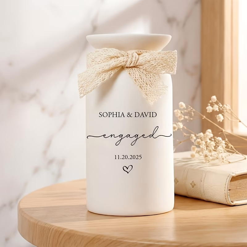 custom personalized engagement vase customizable name and date suitable for wedding centerpiece decoration honeymoon gift vase bride and groom engagement souvenir anniversary or wedding display table