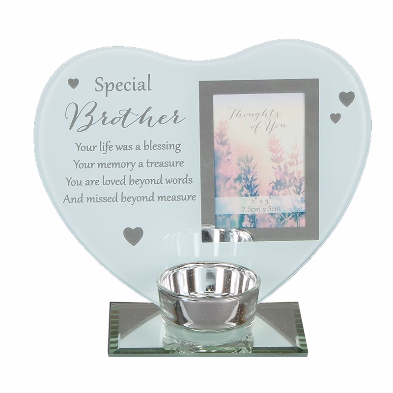 glass memorial tea light candle holder with photo frame brother