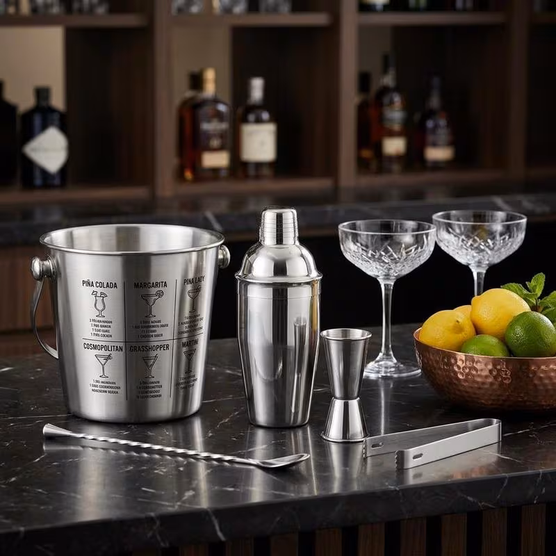 stainless steel set 5 pieces silver cocktail shaker strainer jigger stirrer and tongs dishwasher safe bartending tools for home bar