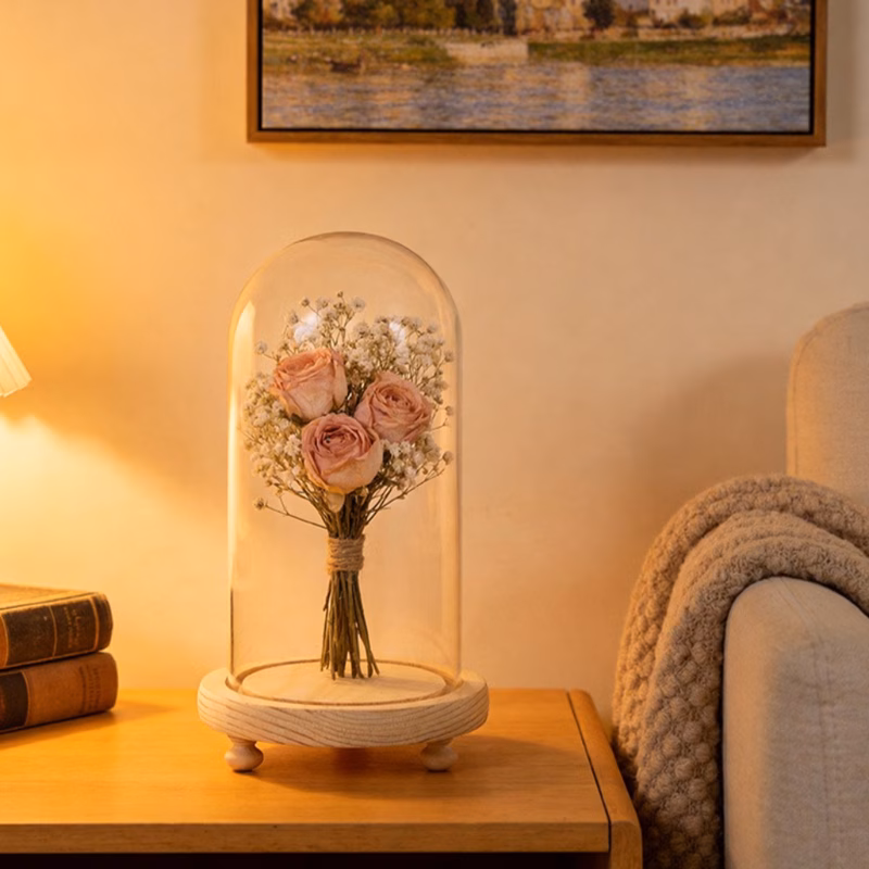 1pc elegant glass cover with wooden base empty cloche dome eternal flowers display case decorative vase suitable for dried flowers succulent and small plant living room foyer and holiday gifts bedroom