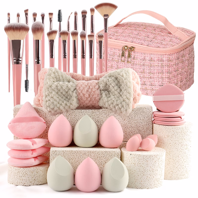 Popular Luxury and Durable 21/41pcs of Pink Makeup Kit; 21pcs Soft Brush Set/ 21pcs Makeup Sponge and Headband Set/ 41pcs Makeup Tool Kit Portable Large-capacity Travel Makeup Bag, and a Full Set of M
