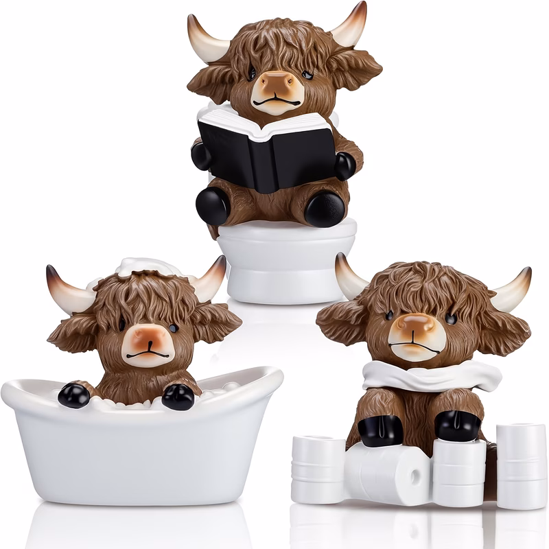 3pcs highland cow figurine set bathroom highland cow scottish resin statue gift for home office multi tier tray table decoration