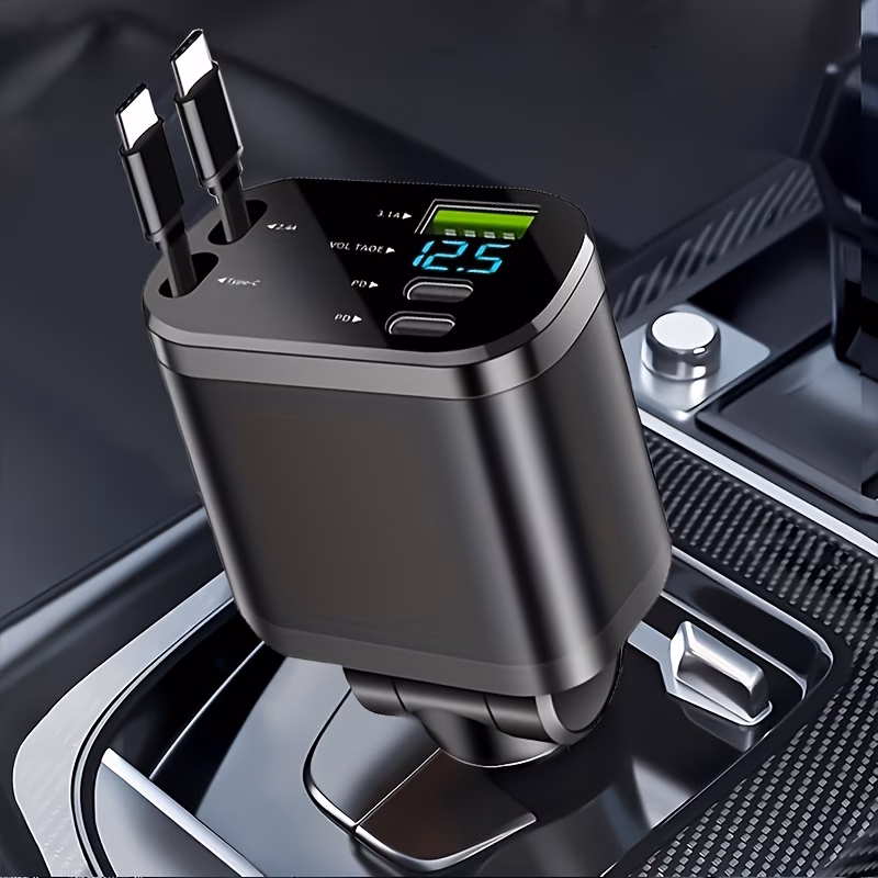 120w fast retractable car charger with 2 usb type c cables universal plug no battery needed car charging solution retractable charger fast charging