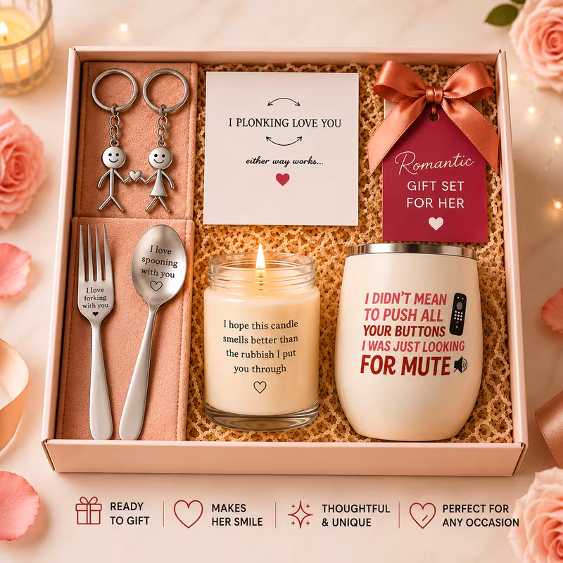 gift set for her funny tumbler cup scented candle greeting card keychain fork and spoon for girlfriend wife best friend birthday and anniversary present unique and funny gift set for women