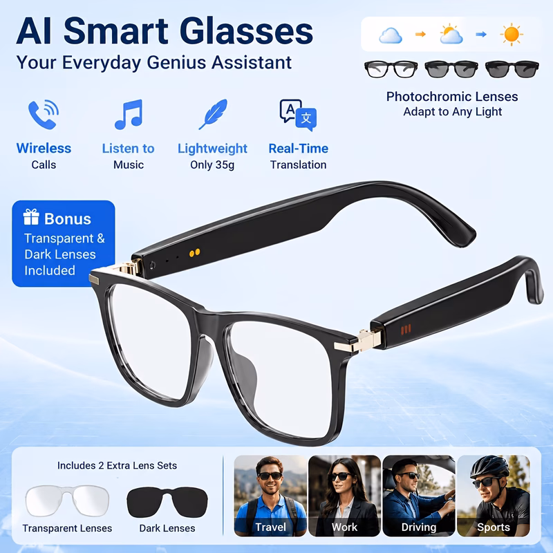 ai smart glasses support translation of 100 languages wireless audio calling open ear audio touch control music listen ultra for work fashion glasses for women and men of lenses included