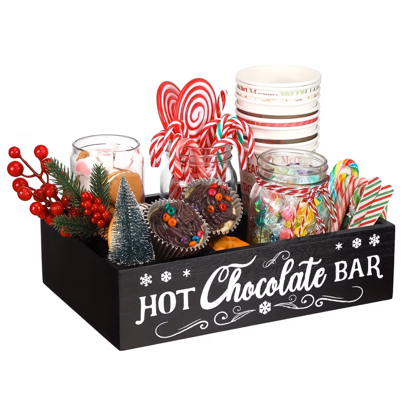 vintage rustic wood bar station organizer with 4 compartment countertop storage bins themed decorative holder box for xmas holiday parties christmas decor display case