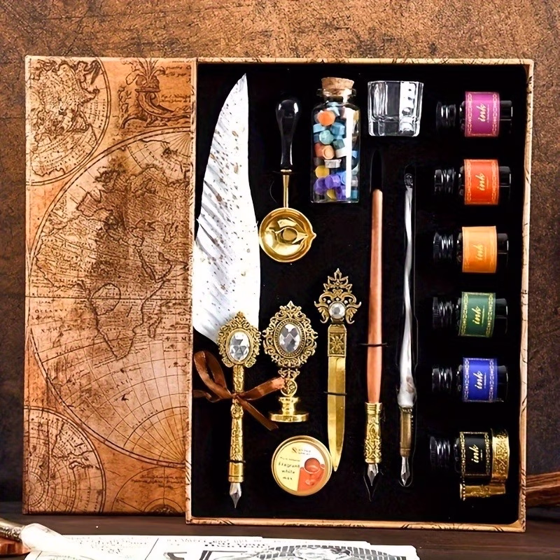 1 set 6 bottle ink set european vintage feather fountain pen british style with paint seal special for birthday gift souvenir gift or daily use