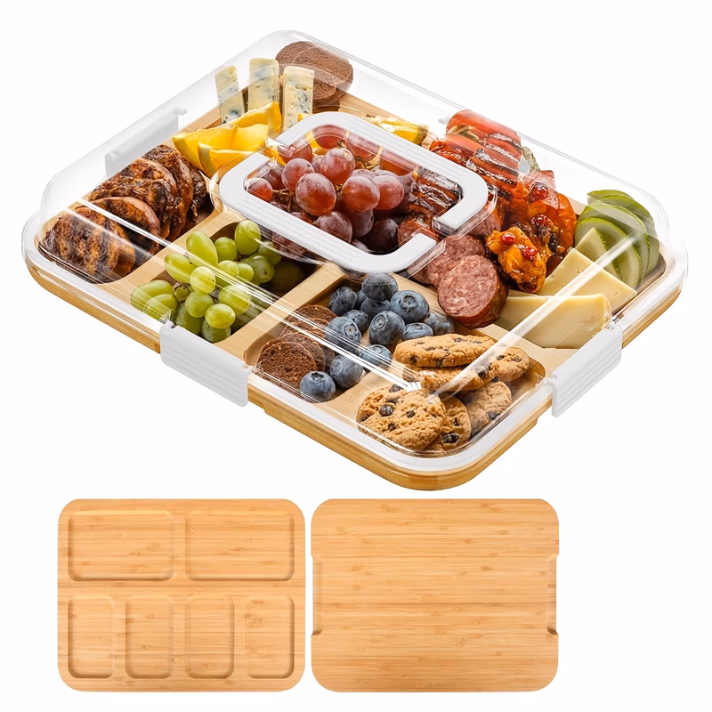 portable 6 compartment charcuterie board with lid build a board cheese snack tray suitable for serving artificial wood cutting board for parties weddings picnics housewarming gift multi use for entert