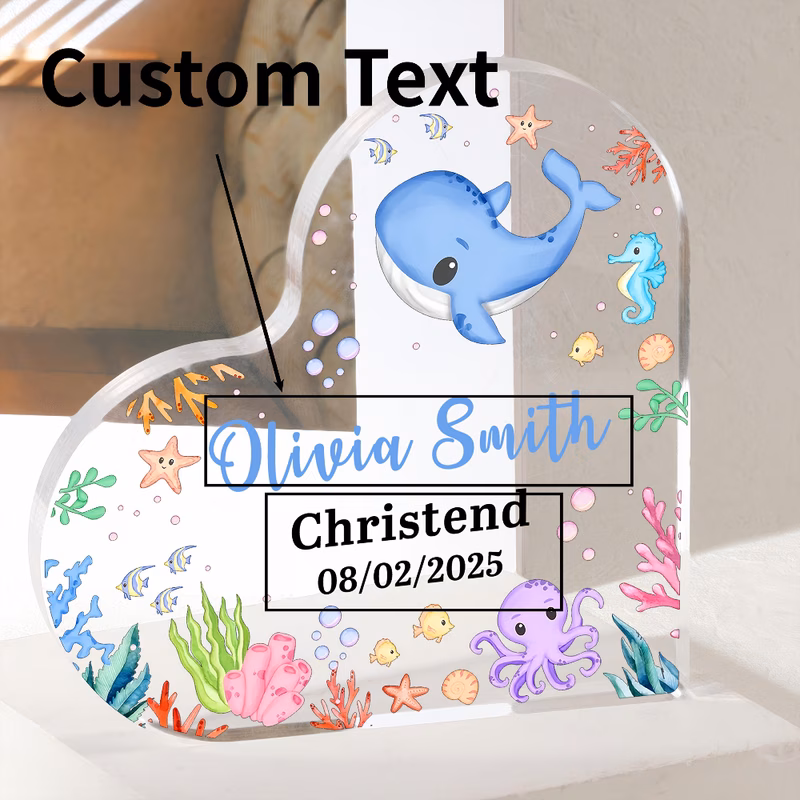 2d flat print customizable acrylic sign personalized christening plaque with sea animals 3d stereoscopic design english text tabletop keepsake gift for grandparents keepsake no electricity needed mult