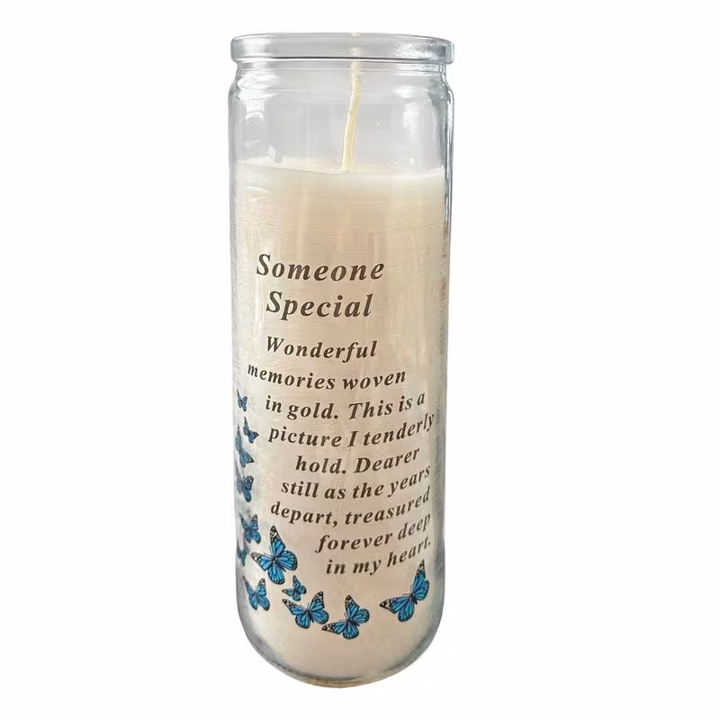 memorial glass jar with blue butterflies and special