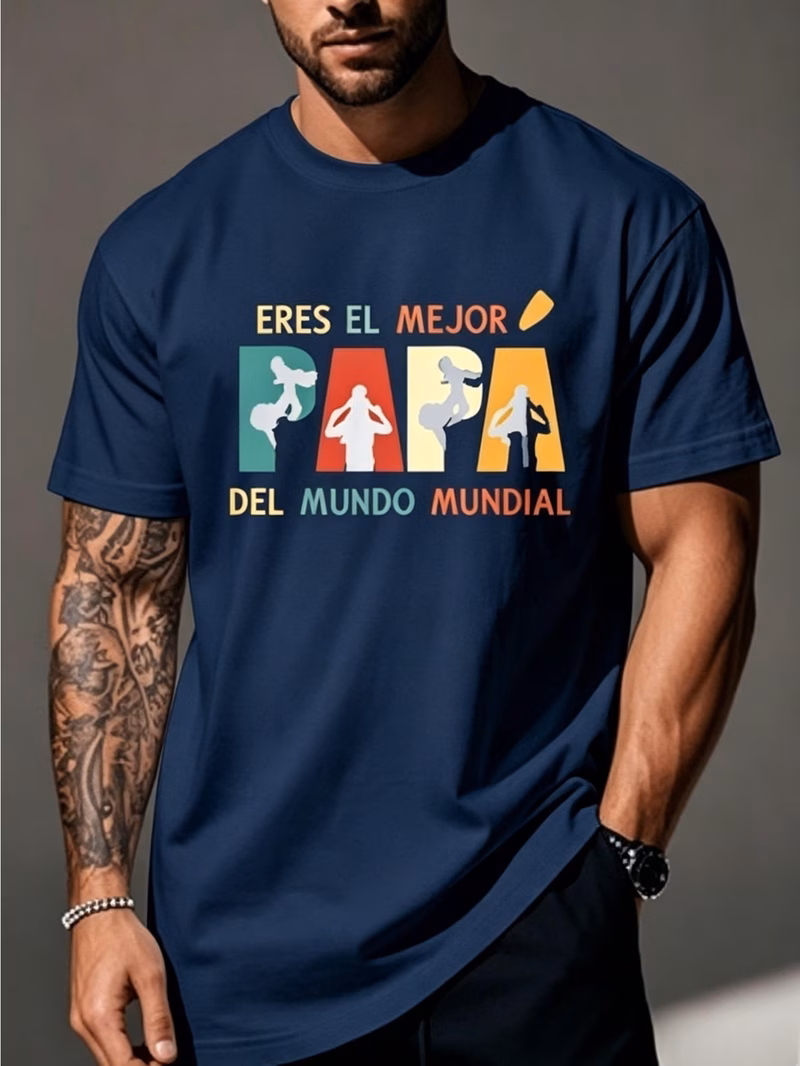 Men s Spanish Papa World s Best - Breathable Short Sleeve Crew Neck Casual Shirt with Dad Silhouette Print, Spanish Gift Suitable for Father s Day, & Casual Attire, Machine Washable