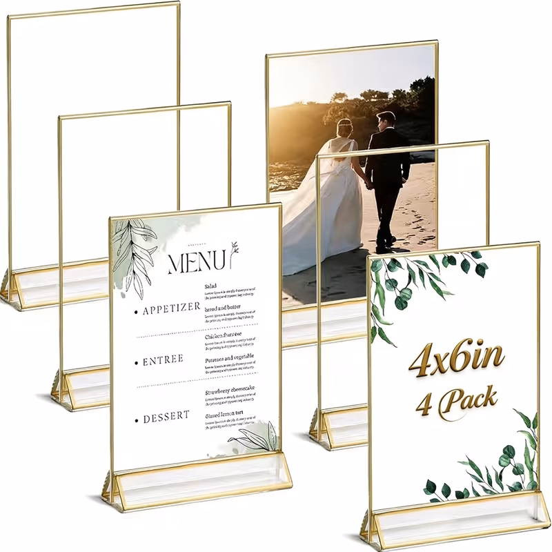 set of 4 acrylic stands with golden edges vertical style double sided photo frame ideal for wedding receptions table decorations celebrations anniversaries
