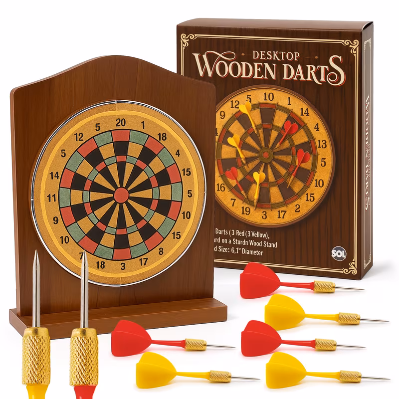 sol 1pk desktop wooden compact tabletop dartboard for indoor outdoor play mini set for teens fun desk gift for home office or ages 14