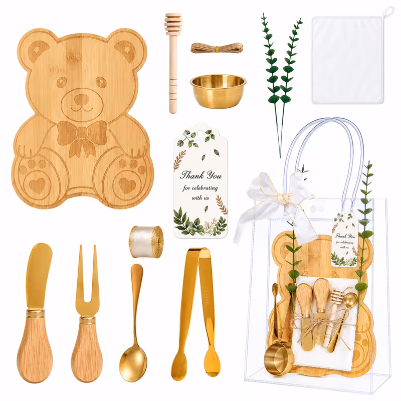 gift for her him 14pcs party game prizes teddy bear shaped cheese board gift set including spoon butter spreader gift bag kitchen towel suitable for bridal showers party small gifts for guests thank y