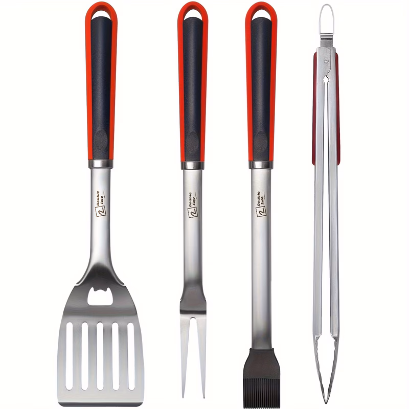 stainless steel bbq grill tool set 4 piece barbecue accessories with spatula tongs fork and basting brush durable grilling utensils for outdoor cooking and bbq grill kit