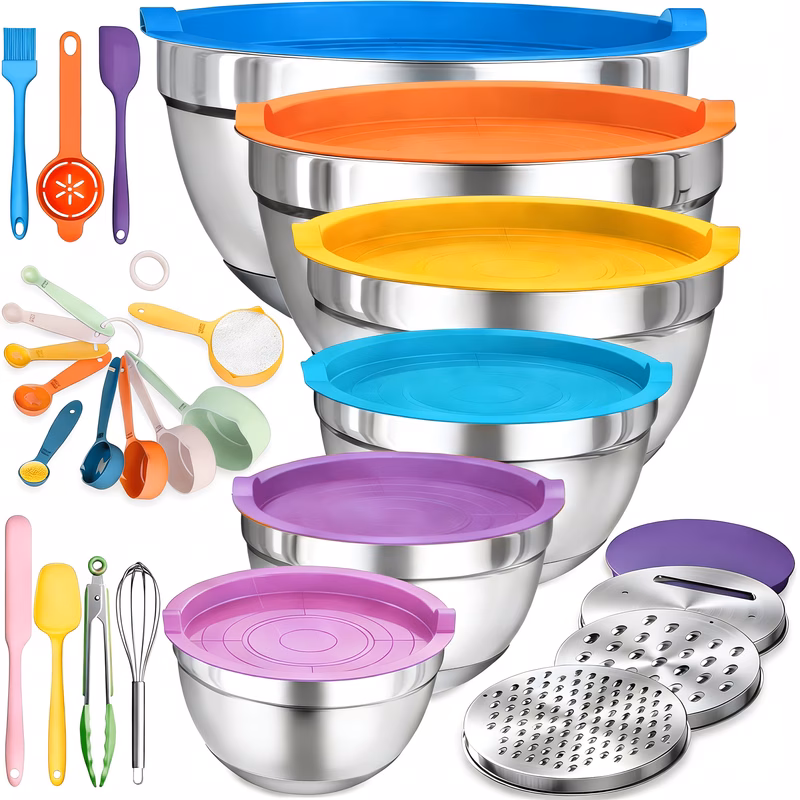 18pcs stainless steel mixing bowl set with colored lids including a grater egg separator brush and spoon for mixing and serving food kitchen utensil set suitable for baking and dishwasher safe