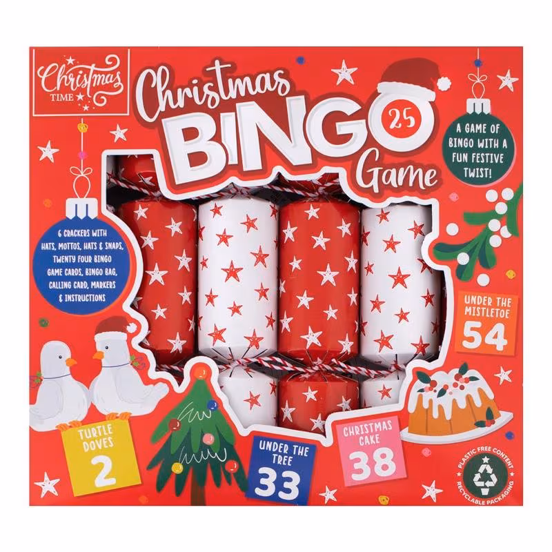 pack of 6 festive bingo christmas crackers 9 interactive game xmas holiday dinner table decorations novelty fun prizes gifts contains hats jokes