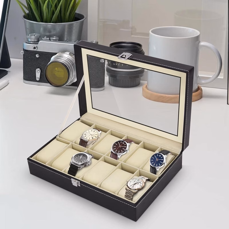 watch box with 12 slots pu leather watch display case watch storage box with glass lid removable watch pillows velvet lining lockable metal clasp for men and women