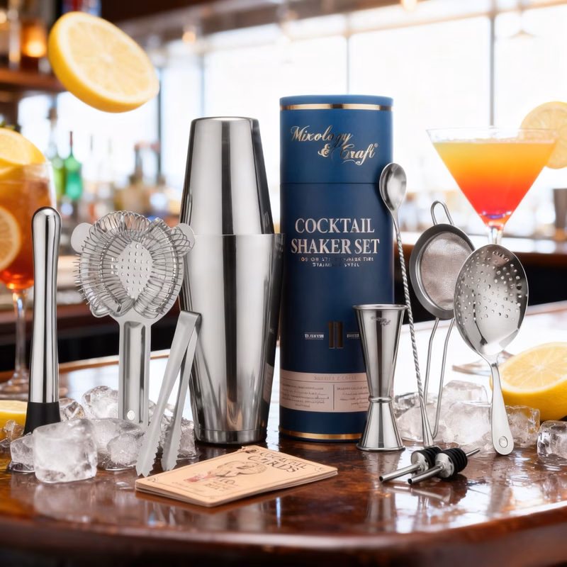 11pcs bartending set silver cocktail collection featuring weighted shaker tins jigger strainer muddler and bar spoon for making craft cocktails at home
