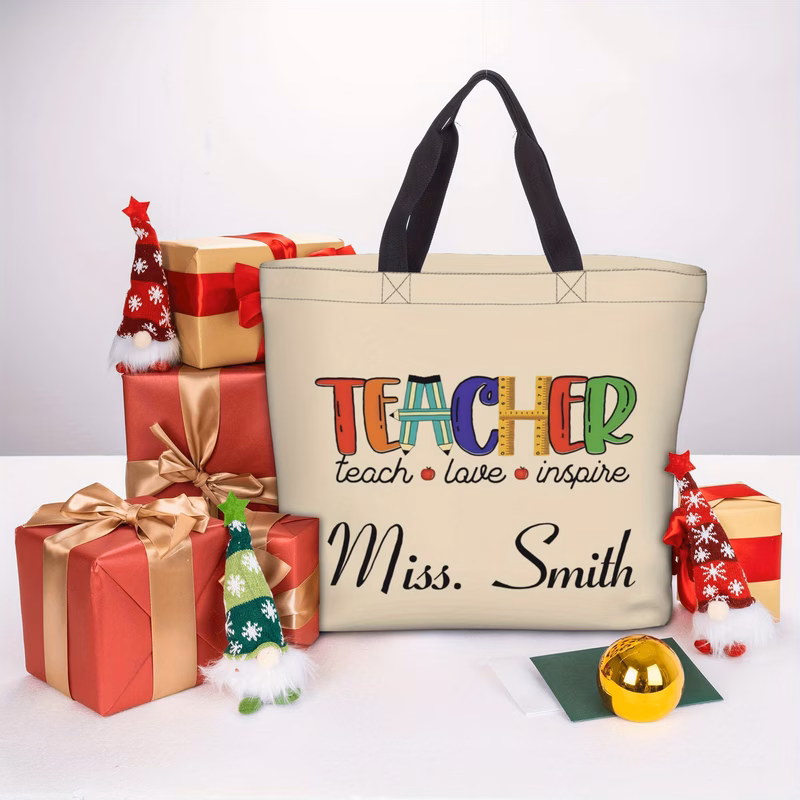 personalized teacher bag custom name text end of teacher gift pattern bag handbag reusable bag with zipper teacher thank you gift school staff stylish teacher accessory personalized handbag zipper clo