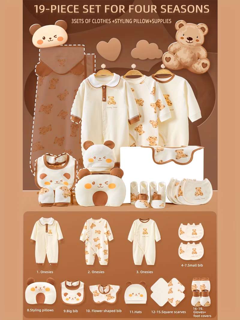 male baby newborn clothes baby jumpsuit daily necessities set 19pcs 3pcs jumpsuit hat bib pillow hand and cover bib baby set baby gift outdoor