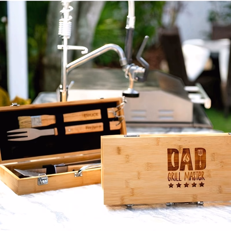 personalized premium complete bbq tool set with wooden box custom engraving gift for friends gift for dad fathers day mothers day easter christmas valentines day party gift family gift creative gift b