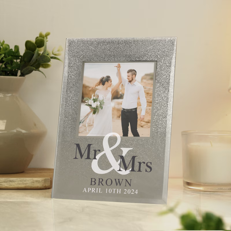 personalised mr mrs 4x4 glitter glass photo frame