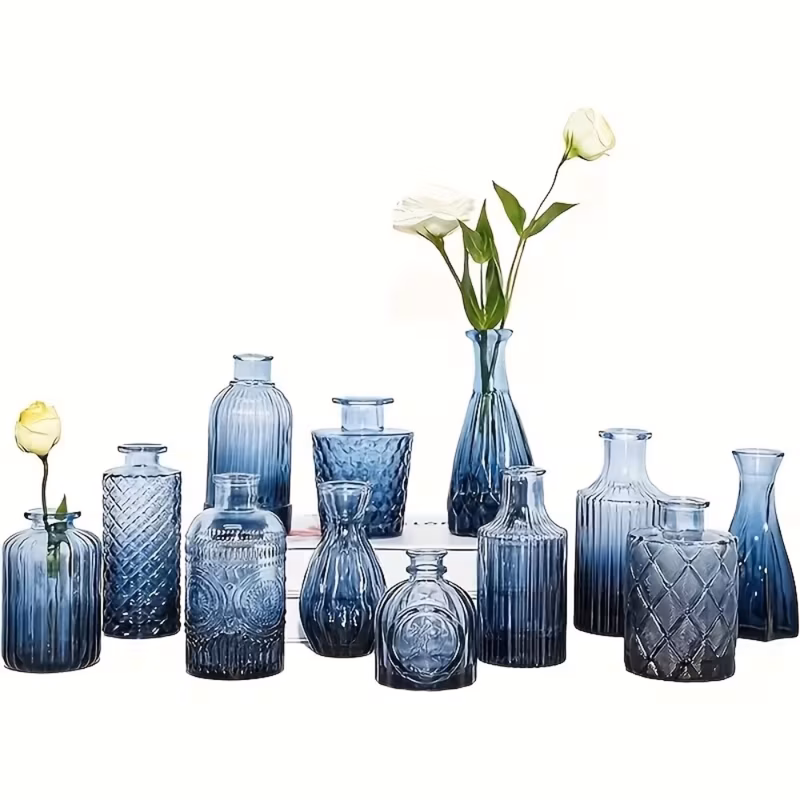 12pcs blue green glass bud vase set mini retro small vase centerpiece for wedding decoration family dining table decoration and floral arrangement