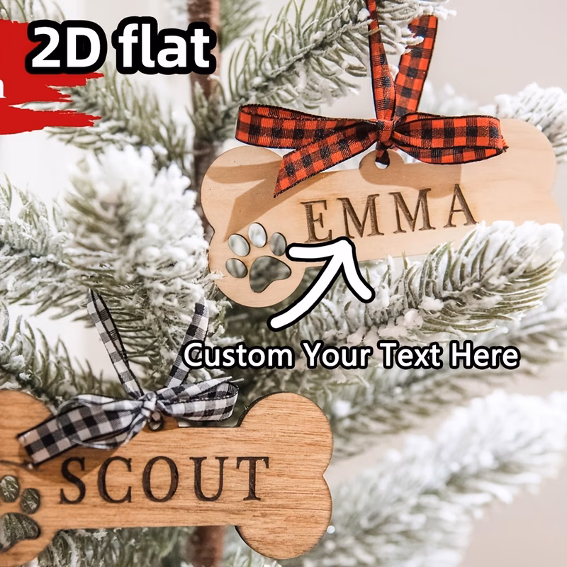 2D Flat, Personalized /Date/Message Wooden Ornament - Custom Hollow-Out Paw Print & Bow Decoration Suitable for Christmas Tree, Artificial Wood Tag, Memorial Keepsake Gift for Dog Owners, Contemporary